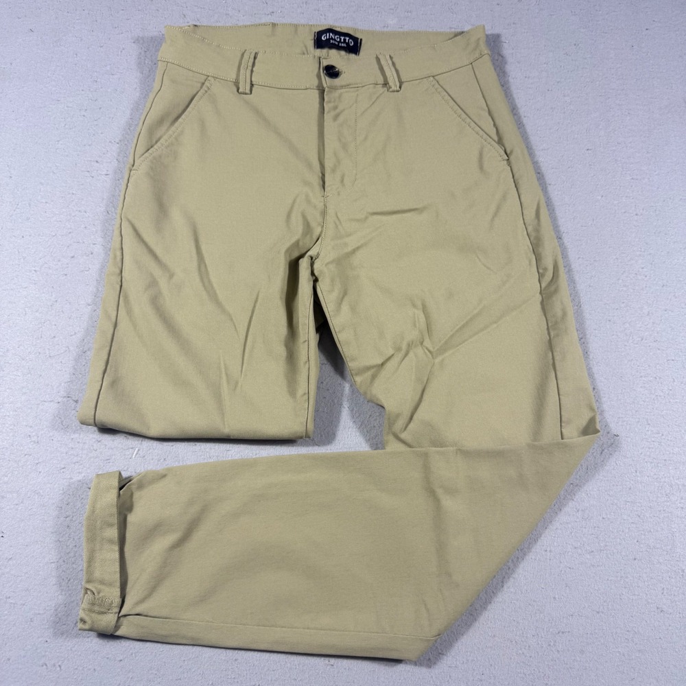 Gingtto Mens Khaki Chino Pants 30W 28L Stretch Slim Tapered Tan Trousers